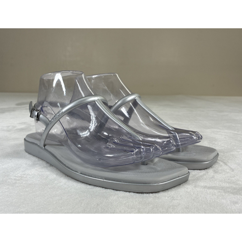 Crocs Miami T Strap Womens Sandals Size W6 Silver Thong Slingback Flat Charity - Picture 2 of 14